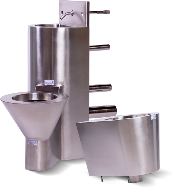 Conjunto de vaso sanitário, lavatório e coluna em aço inox antivandalismo fabricados pela Faccinox